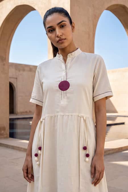 Buy_Anmol Kakad_Cream Cotton, Muslin (mulmul) Pom-poms Mandarin Collar Contrast Patch Work Dress _Online_at_Aza_Fashions