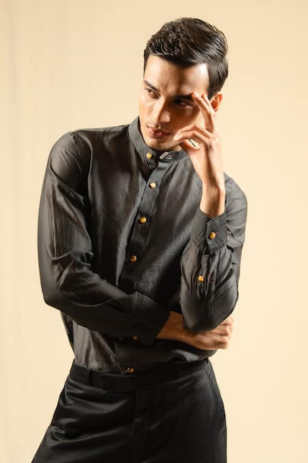 Gaurav katta_Grey Silk, Chanderi Shirt _Online_at_Aza_Fashions