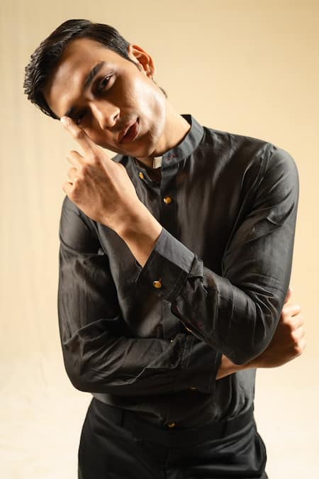 Buy_Gaurav katta_Grey Silk, Chanderi Shirt _Online_at_Aza_Fashions