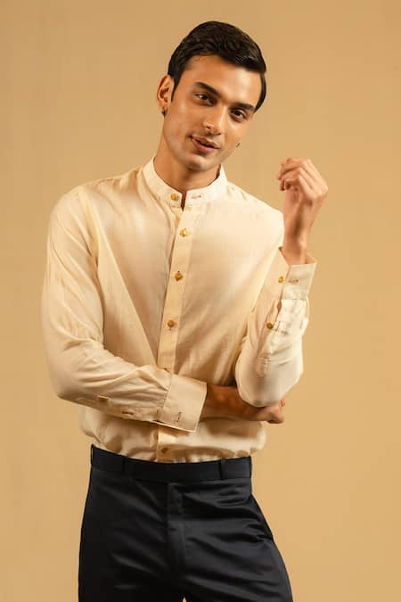 Shop_Gaurav katta_Beige Silk, Chanderi Shirt _Online_at_Aza_Fashions