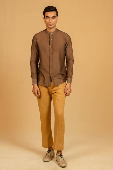 Gaurav katta_Brown Silk, Chanderi Shirt _Online_at_Aza_Fashions