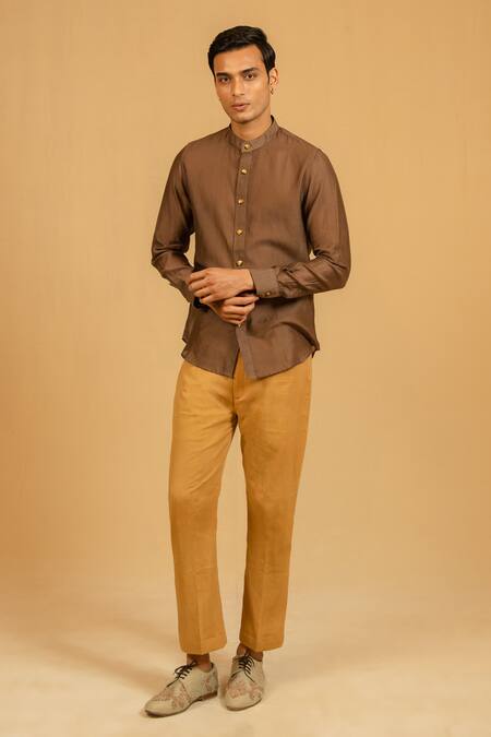 Buy_Gaurav katta_Brown Silk, Chanderi Shirt _Online_at_Aza_Fashions