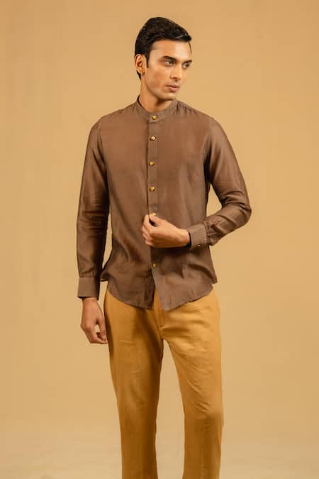 Gaurav katta_Brown Silk, Chanderi Shirt _at_Aza_Fashions