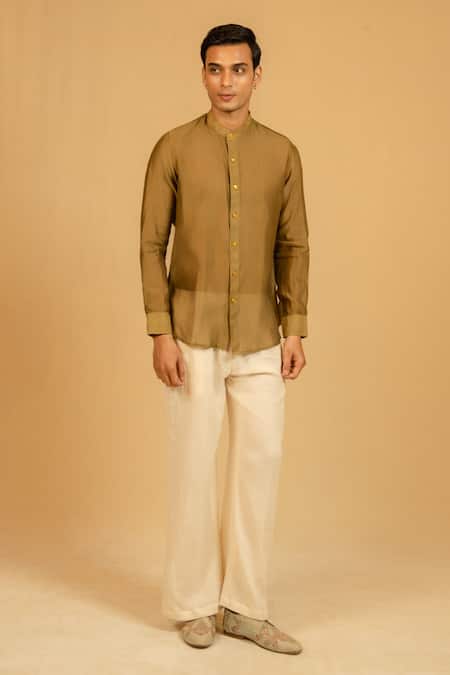 Gaurav katta Olive Green Silk, Chanderi Shirt Online at Aza Fashions Gaurav katta_Olive Green Silk, Chanderi Shirt _Online_at_Aza_Fashions