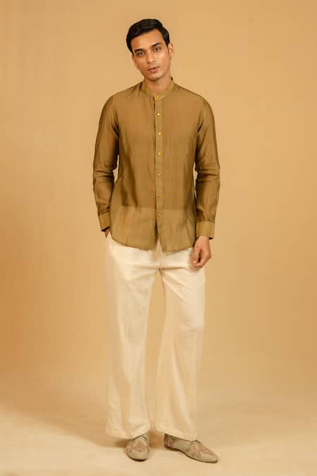 Buy Gaurav katta Olive Green Silk, Chanderi Shirt Online at Aza Fashions Buy_Gaurav katta_Olive Green Silk, Chanderi Shirt _Online_at_Aza_Fashions