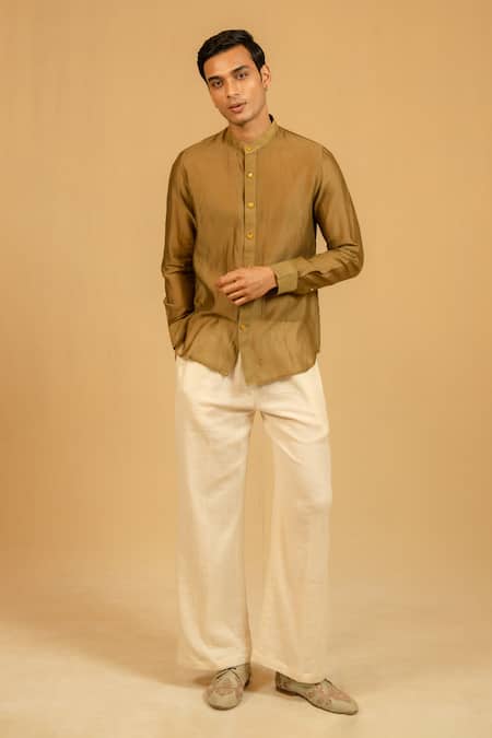 Shop Gaurav katta Olive Green Silk, Chanderi Shirt Online at Aza Fashions Shop_Gaurav katta_Olive Green Silk, Chanderi Shirt _Online_at_Aza_Fashions