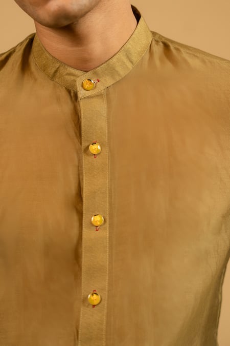 Shop Gaurav katta Olive Green Silk, Chanderi Shirt Shop_Gaurav katta_Olive Green Silk, Chanderi Shirt