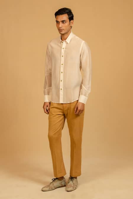 Gaurav katta_Ivory Silk, Chanderi Shirt _Online_at_Aza_Fashions