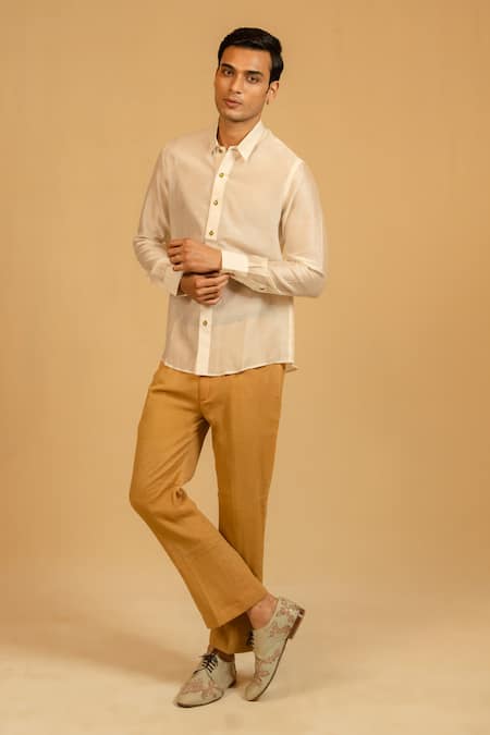 Shop_Gaurav katta_Ivory Silk, Chanderi Shirt _Online_at_Aza_Fashions