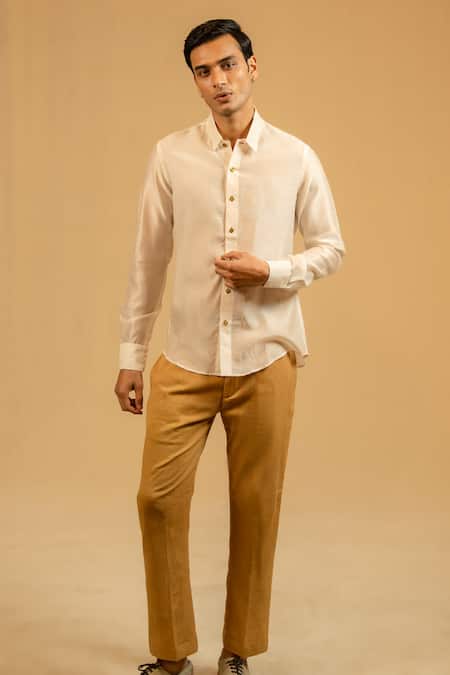 Gaurav katta_Ivory Silk, Chanderi Shirt _at_Aza_Fashions