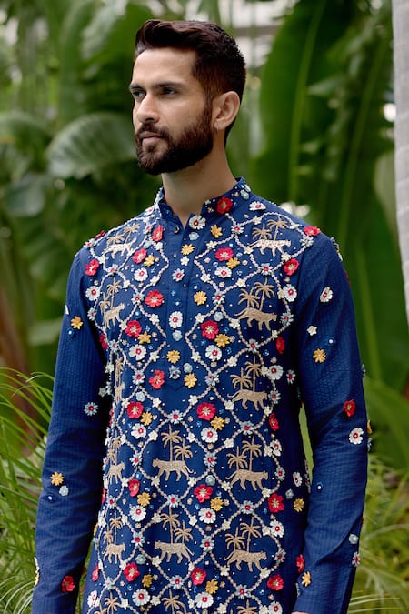 Buy_Sahil Kochhar_White Silk Applique, Embroidery Charvaka Kurta Set _Online_at_Aza_Fashions