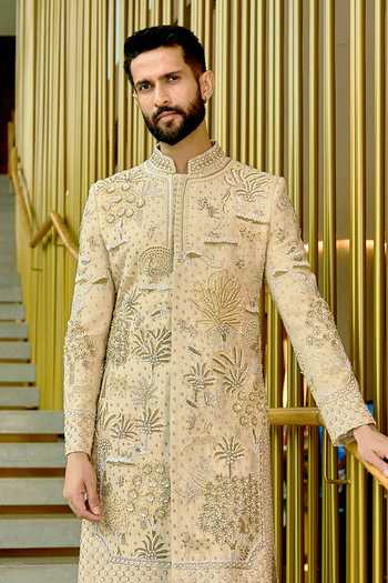 Sahil Kochhar_Beige Silk Applique, Embroidery Tishant Sherwani Set _Online_at_Aza_Fashions