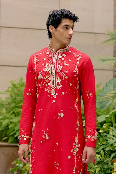 Buy Sahil Kochhar Red Silk Embroidery, Applique Viful Kurta Set Online at Aza Fashions Buy_Sahil Kochhar_Red Silk Embroidery, Applique Viful Kurta Set _Online_at_Aza_Fashions
