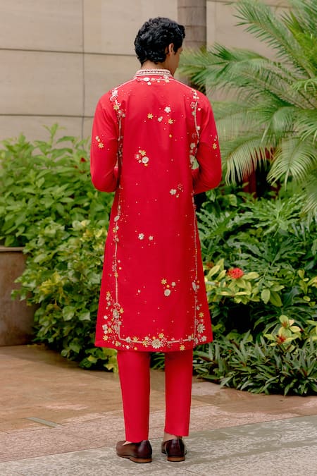 Shop Sahil Kochhar Red Silk Embroidery, Applique Viful Kurta Set at Aza Fashions Shop_Sahil Kochhar_Red Silk Embroidery, Applique Viful Kurta Set _at_Aza_Fashions
