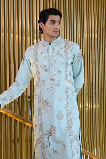 Sahil Kochhar_Aqua Applique, Embroidery Tanush Kurta Set _Online_at_Aza_Fashions