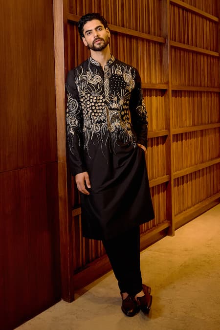 Sahil Kochhar_Black Silk Applique, Embroidery Hridhaan Work Kurta _Online_at_Aza_Fashions