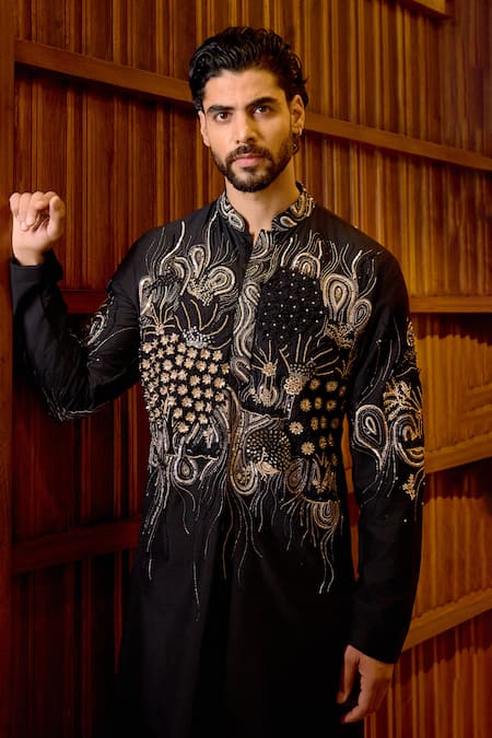 Buy_Sahil Kochhar_Black Silk Applique, Embroidery Hridhaan Work Kurta _Online_at_Aza_Fashions