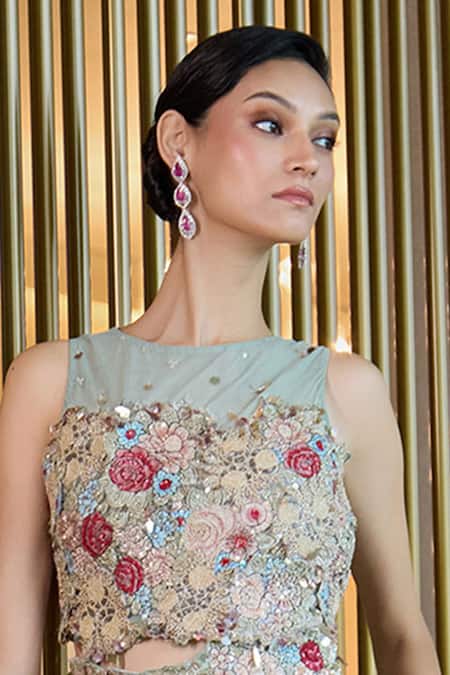 Sahil Kochhar_Pink Silk, Net Sequins, Stones, Applique Round Neck Charvik Work Skirt Set _Online_at_Aza_Fashions