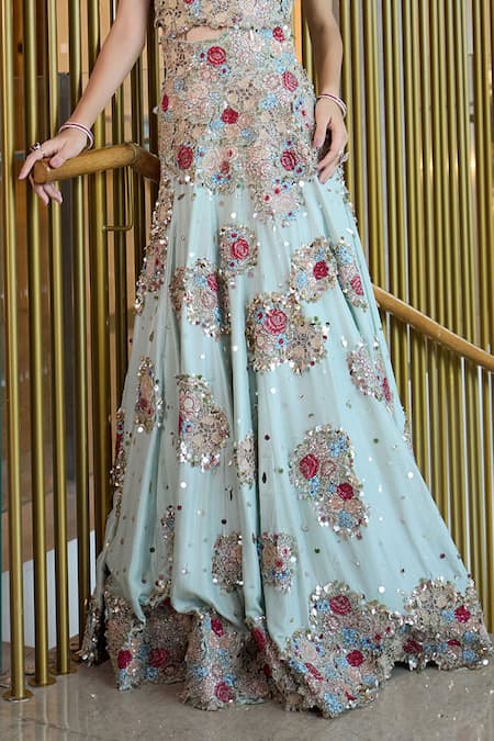 Buy_Sahil Kochhar_Pink Silk, Net Sequins, Stones, Applique Round Neck Charvik Work Skirt Set _Online_at_Aza_Fashions