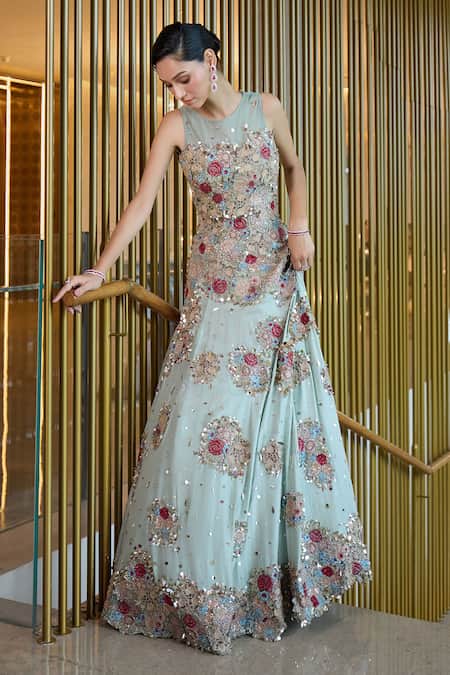 Shop_Sahil Kochhar_Pink Silk, Net Sequins, Stones, Applique Round Neck Charvik Work Skirt Set _Online_at_Aza_Fashions