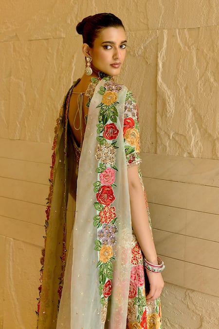 Buy_Sahil Kochhar_Pink Silk, Dupion Applique Square Neck Shalvi Work Anarkali Set _Online_at_Aza_Fashions