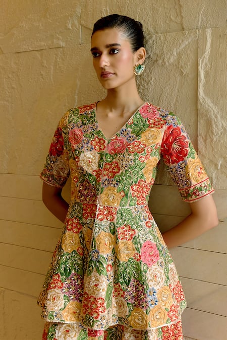 Sahil Kochhar Swara Silk Dupion Peplum Top & Sharara Set