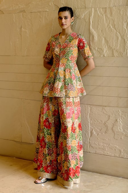 Sahil Kochhar Swara Silk Dupion Peplum Top & Sharara Set