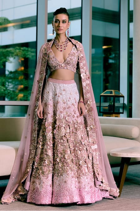 Buy Sahil Kochhar Pink Silk, Net Applique V-neck Darshna Soft Lehenga Set Online at Aza Fashions Buy_Sahil Kochhar_Pink Silk, Net Applique V-neck Darshna Soft Lehenga Set _Online_at_Aza_Fashions