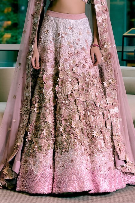 Shop Sahil Kochhar Pink Silk, Net Applique V-neck Darshna Soft Lehenga Set Online at Aza Fashions Shop_Sahil Kochhar_Pink Silk, Net Applique V-neck Darshna Soft Lehenga Set _Online_at_Aza_Fashions