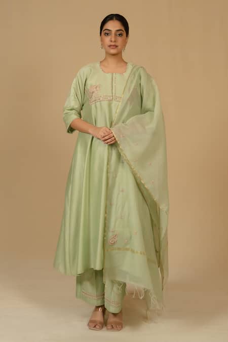 Gaurav katta_Green Silk, Chanderi Embroidery Square Neck Kurta And Pant Set _Online_at_Aza_Fashions