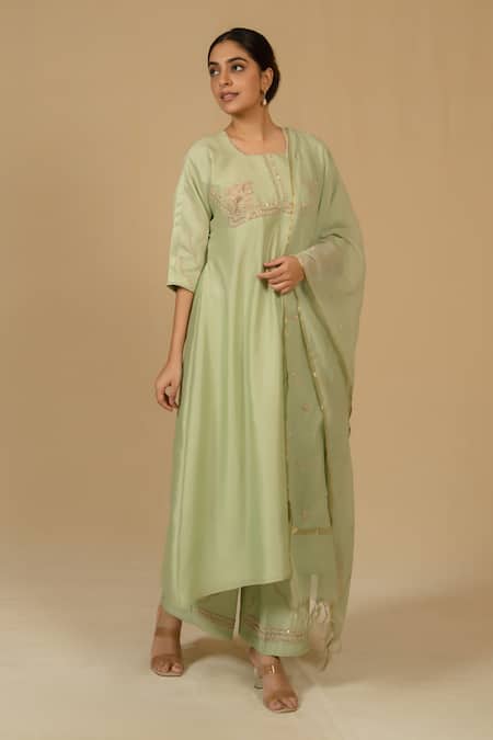 Shop_Gaurav katta_Green Silk, Chanderi Embroidery Square Neck Kurta And Pant Set _Online_at_Aza_Fashions