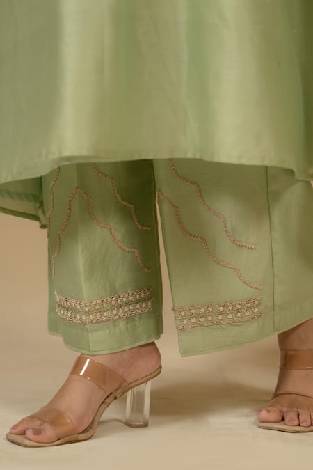 Shop_Gaurav katta_Green Silk, Chanderi Embroidery Square Neck Kurta And Pant Set 