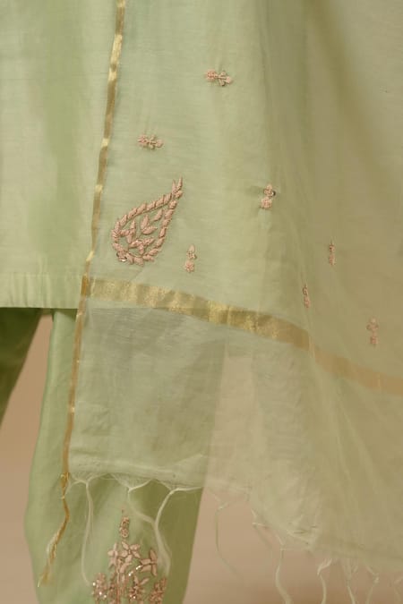 Gaurav katta_Green Silk, Chanderi Embroidery V-neck Kurta And Pant Set _Online_at_Aza_Fashions