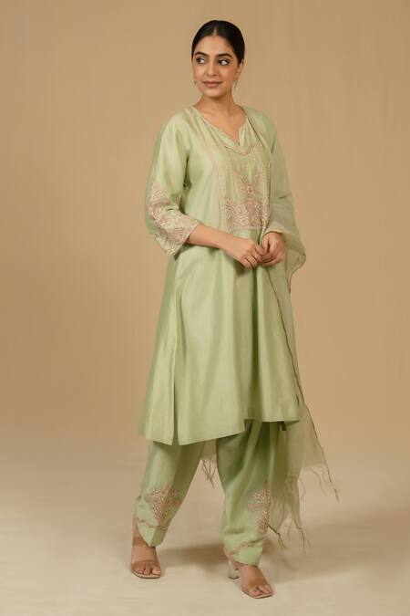 Buy_Gaurav katta_Green Silk, Chanderi Embroidery V-neck Kurta And Pant Set _Online_at_Aza_Fashions