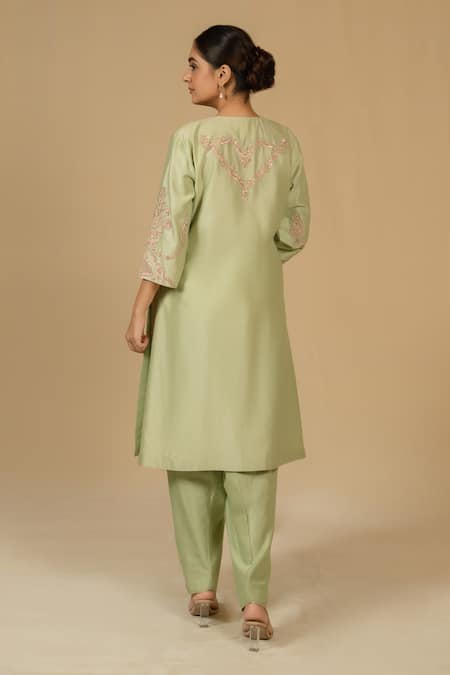 Shop_Gaurav katta_Green Silk, Chanderi Embroidery V-neck Kurta And Pant Set _Online_at_Aza_Fashions