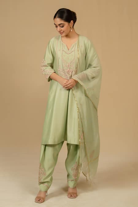 Gaurav katta_Green Silk, Chanderi Embroidery V-neck Kurta And Pant Set _at_Aza_Fashions