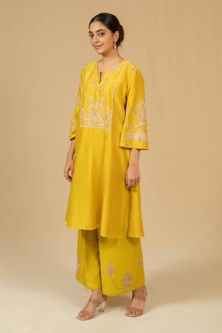 Gaurav katta_Yellow Silk, Chanderi Embroidery Split V-neck Kurta And Pant Set _Online_at_Aza_Fashions