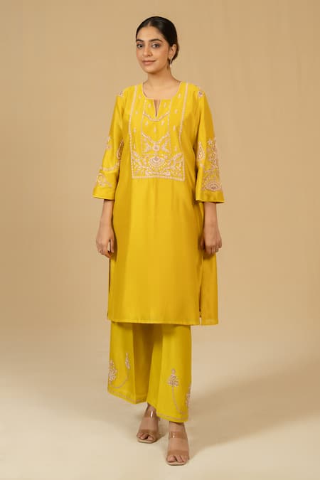 Buy_Gaurav katta_Yellow Silk, Chanderi Embroidery Split V-neck Kurta And Pant Set _Online_at_Aza_Fashions