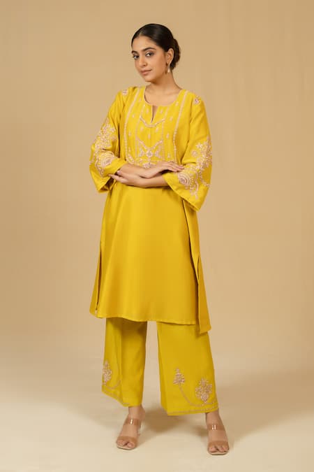 Shop_Gaurav katta_Yellow Silk, Chanderi Embroidery Split V-neck Kurta And Pant Set _Online_at_Aza_Fashions