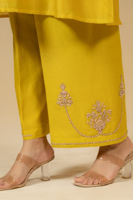 Shop_Gaurav katta_Yellow Silk, Chanderi Embroidery Split V-neck Kurta And Pant Set 