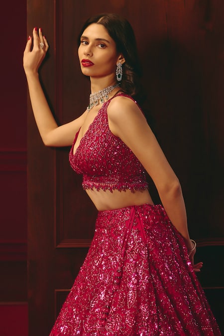 Shop_Angad Singh_Pink Net Sequins, Beads, Tassels Sweetheart Neck Rose Imperium Lehenga Set _Online_at_Aza_Fashions