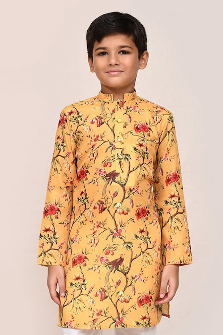 Buy_Jhambthreads_Yellow Silk, Cotton, Linen Printed Kurta Set _Online_at_Aza_Fashions