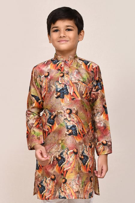 Buy Jhambthreads Beige Silk Printed Kurta And Pant Set Buy_Jhambthreads_Beige Silk Printed Kurta And Pant Set