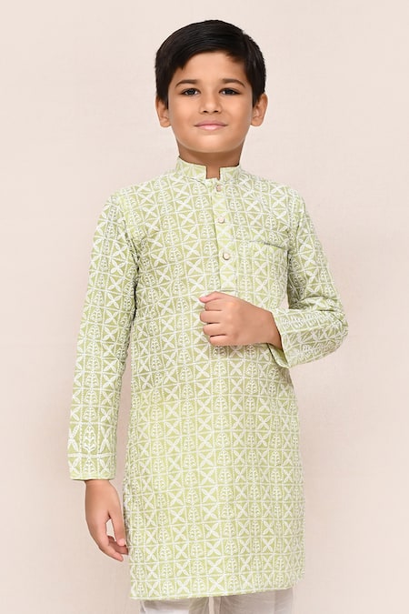 Buy_Jhambthreads_Green Silk, Cotton Embroidery Kurta And Pant Set _Online_at_Aza_Fashions