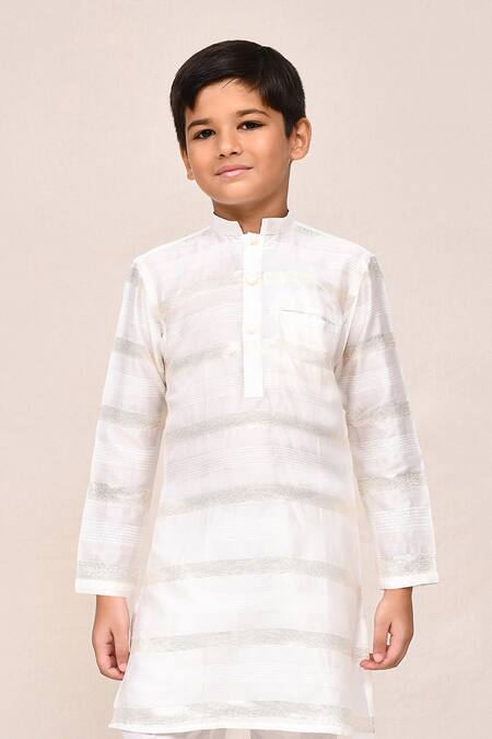 Buy_Jhambthreads_White Silk, Jacquard Metallic Stripe Woven Kurta Set _Online_at_Aza_Fashions