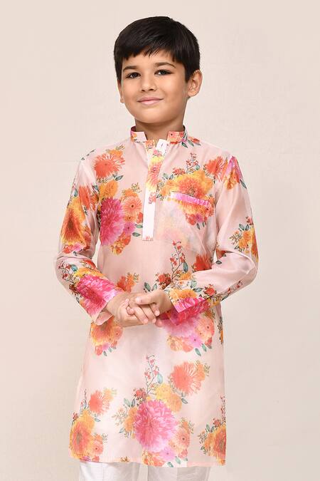 Buy_Jhambthreads_Peach Silk, Georgette Floral Print Kurta Set _Online_at_Aza_Fashions