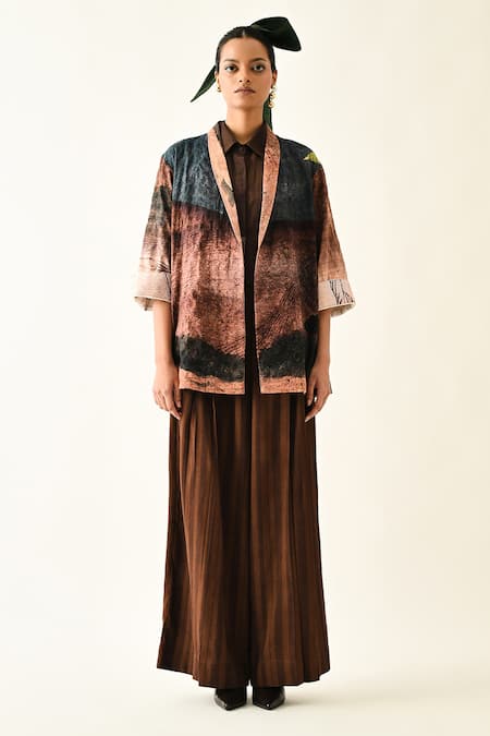 Shop_OFRIDA_Brown Cotton Collared Skyline Jacket And Pant Set _Online_at_Aza_Fashions