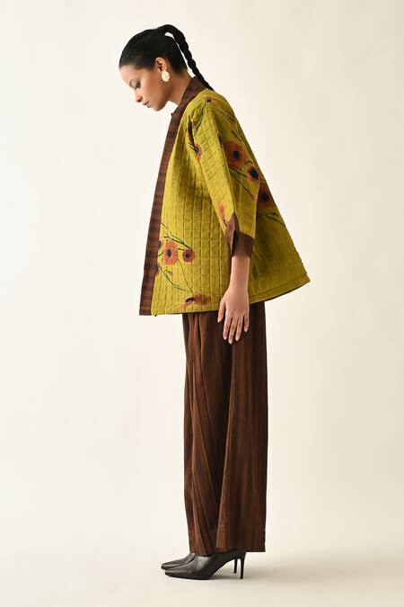 Buy_OFRIDA_Brown Cotton Open Neck Solar Petal Jacket Pant Set _Online_at_Aza_Fashions