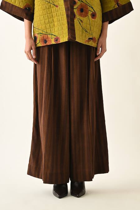 Shop_OFRIDA_Brown Cotton Open Neck Solar Petal Jacket Pant Set _Online_at_Aza_Fashions