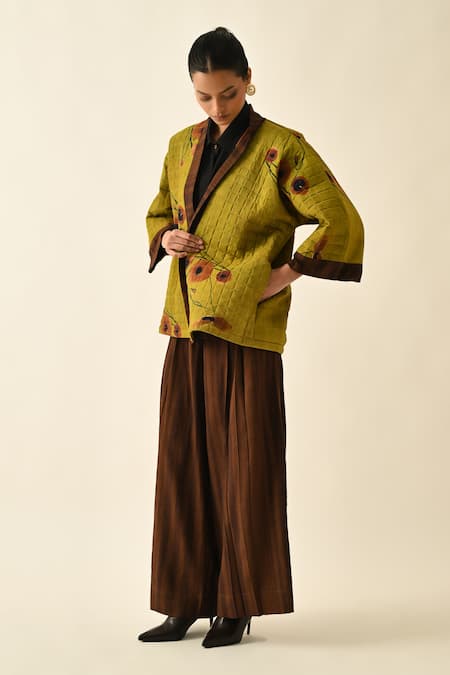 Shop_OFRIDA_Brown Cotton Open Neck Solar Petal Jacket Pant Set 